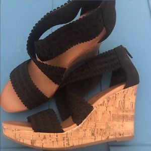 Black crochet and cork wedges